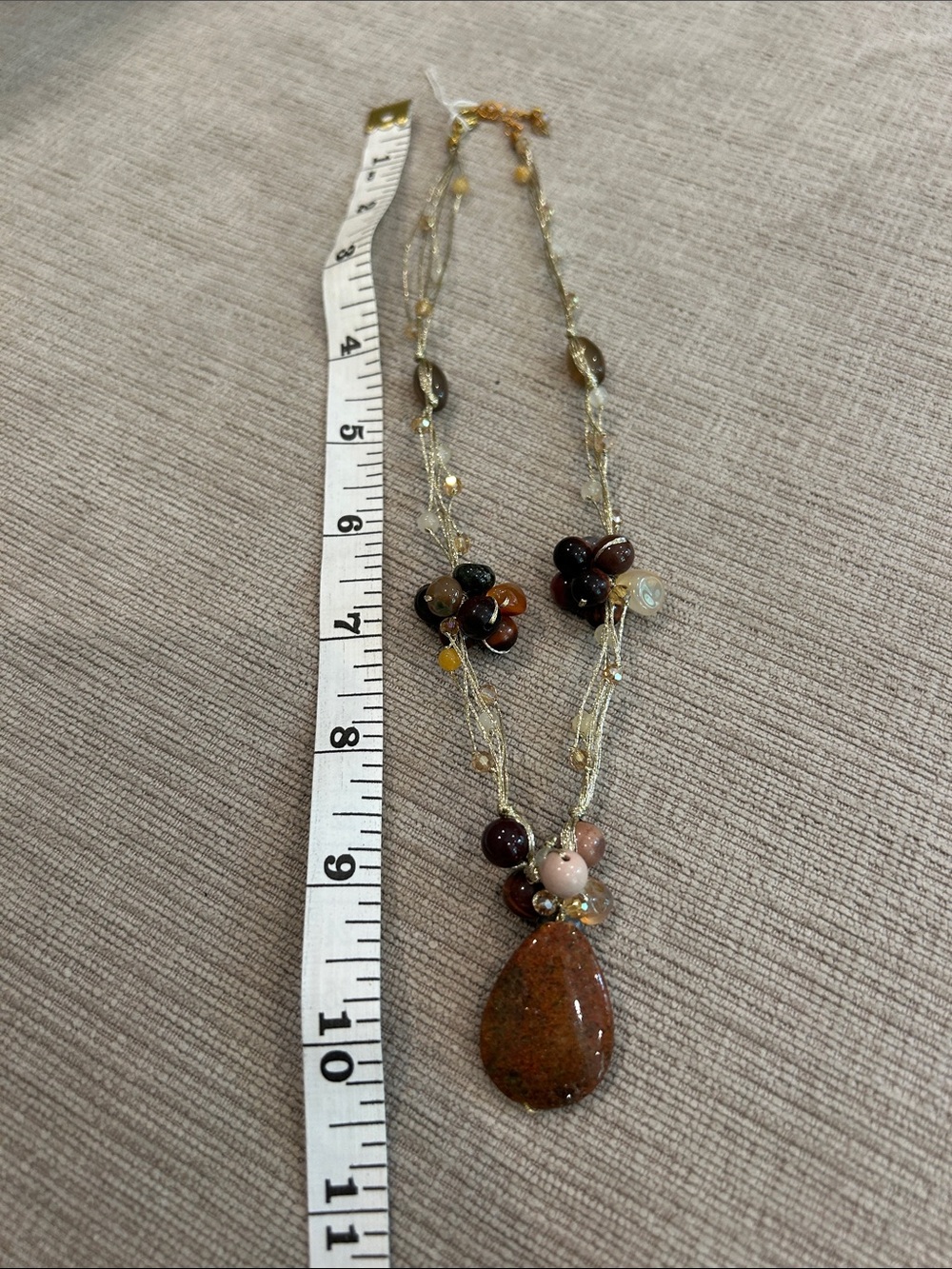 Beaded Multi-Stone Unakite Teardrop Pendant Necklace - Brown image 2